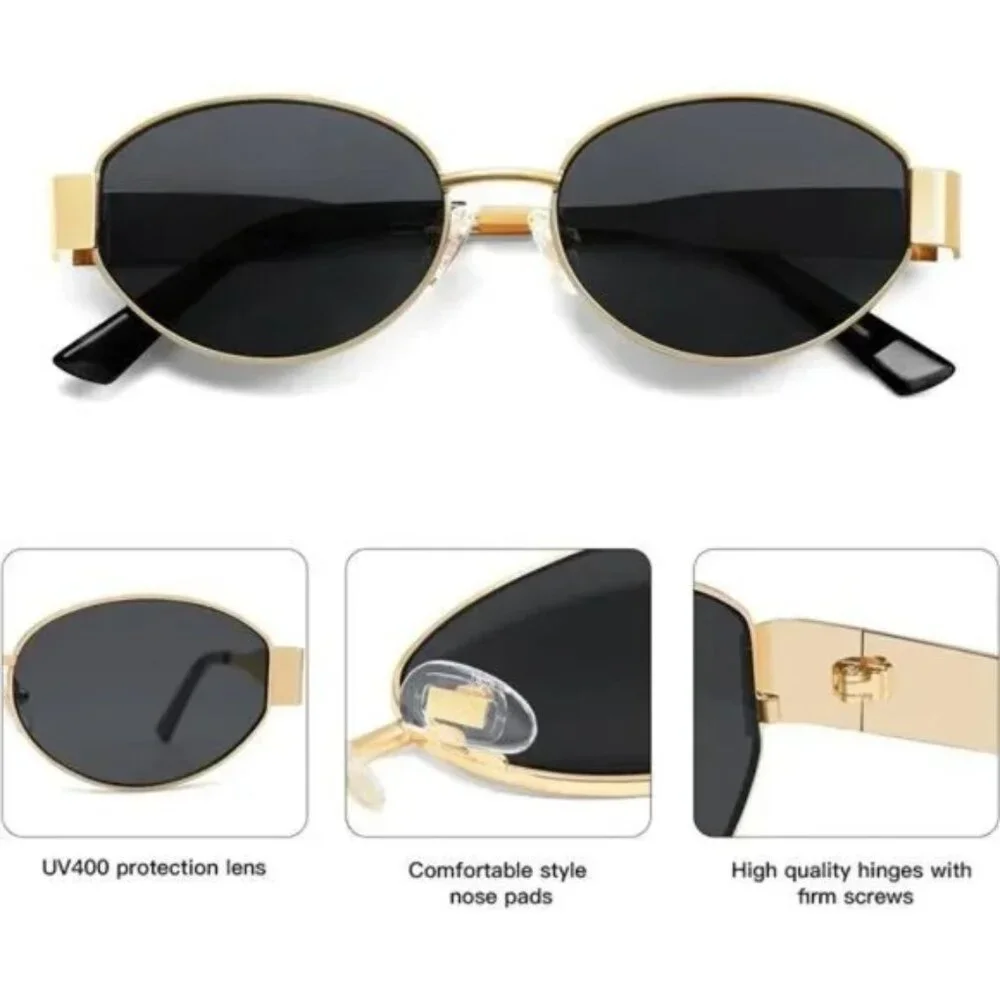 Retro Oval Sunglasses Trendy Black Gold